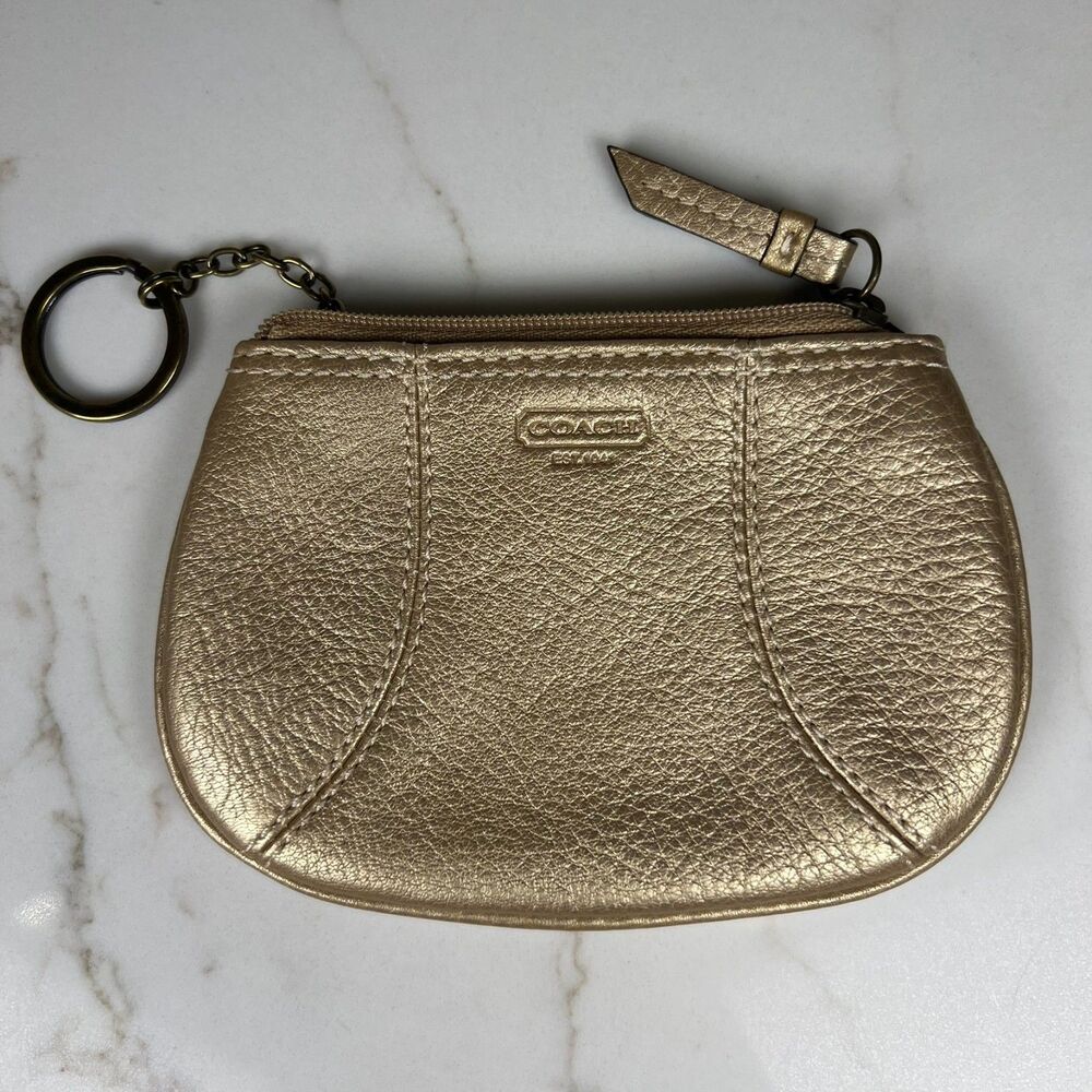 Coach Gold Pebbled Leather Coin Purse Keychain Pouch Metallic Zip Mini Wallet Y2